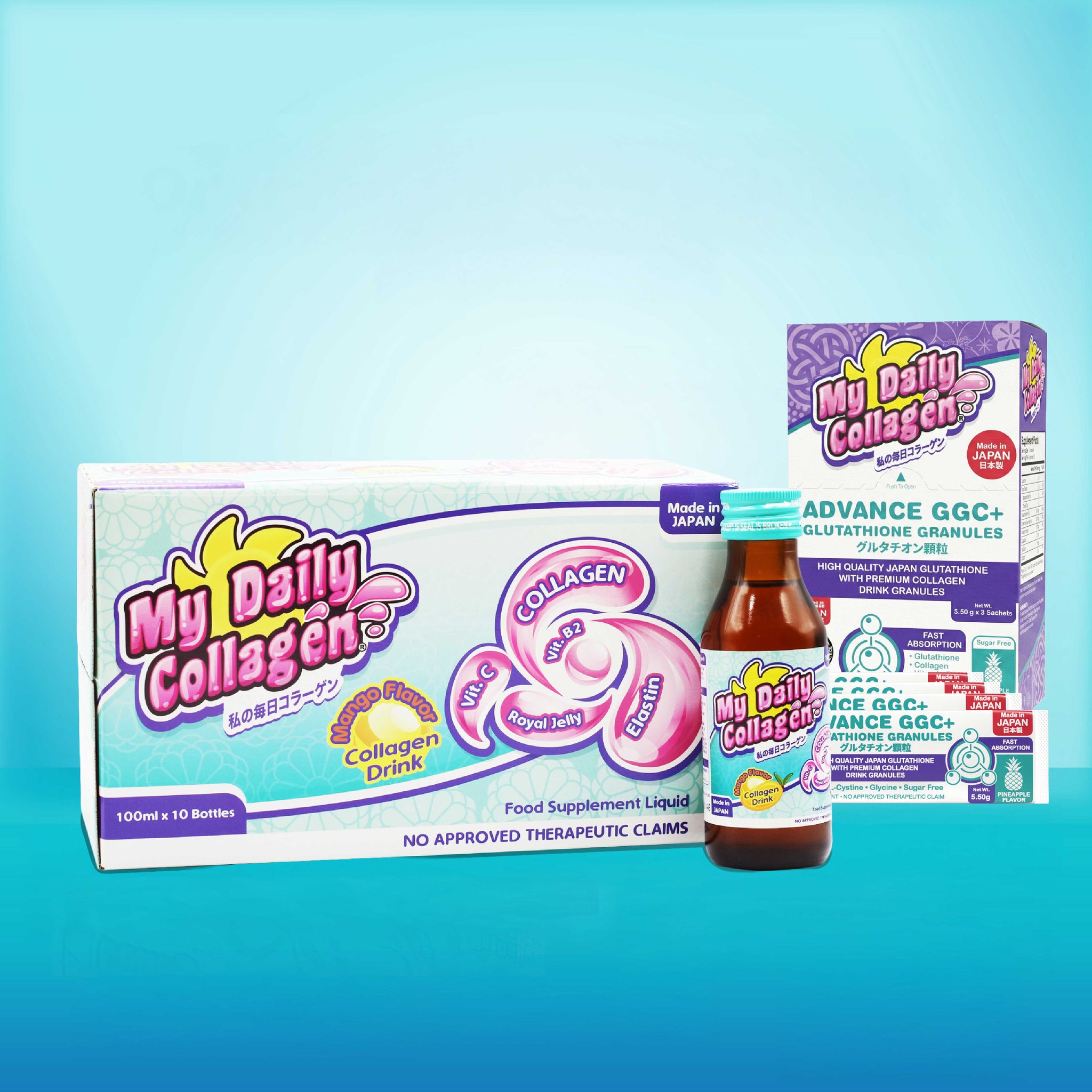 My Daily Collagen Drink - 1 retail box (10 x 100ml bottle) + My Daily Collagen Advance GGC+ (5 sachets/box) Glutathione, Glycine, Cysteine Granules