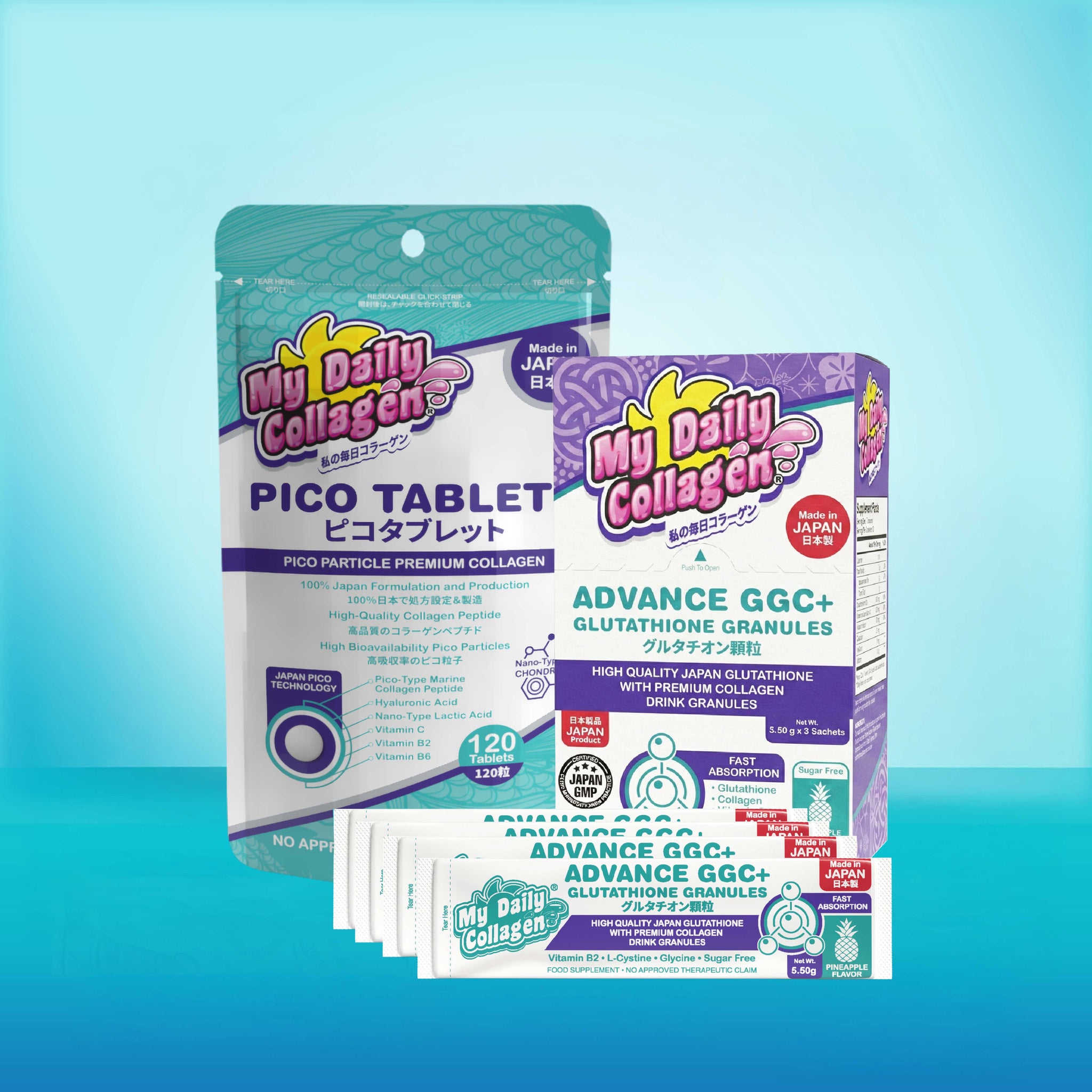 My Daily Collagen Pico Tablets - 1 Pouch (120 tablets) + My Daily Collagen Advance GGC+ (5 sachets/box) Glutathione, Glycine, Cysteine Granules (Copy)