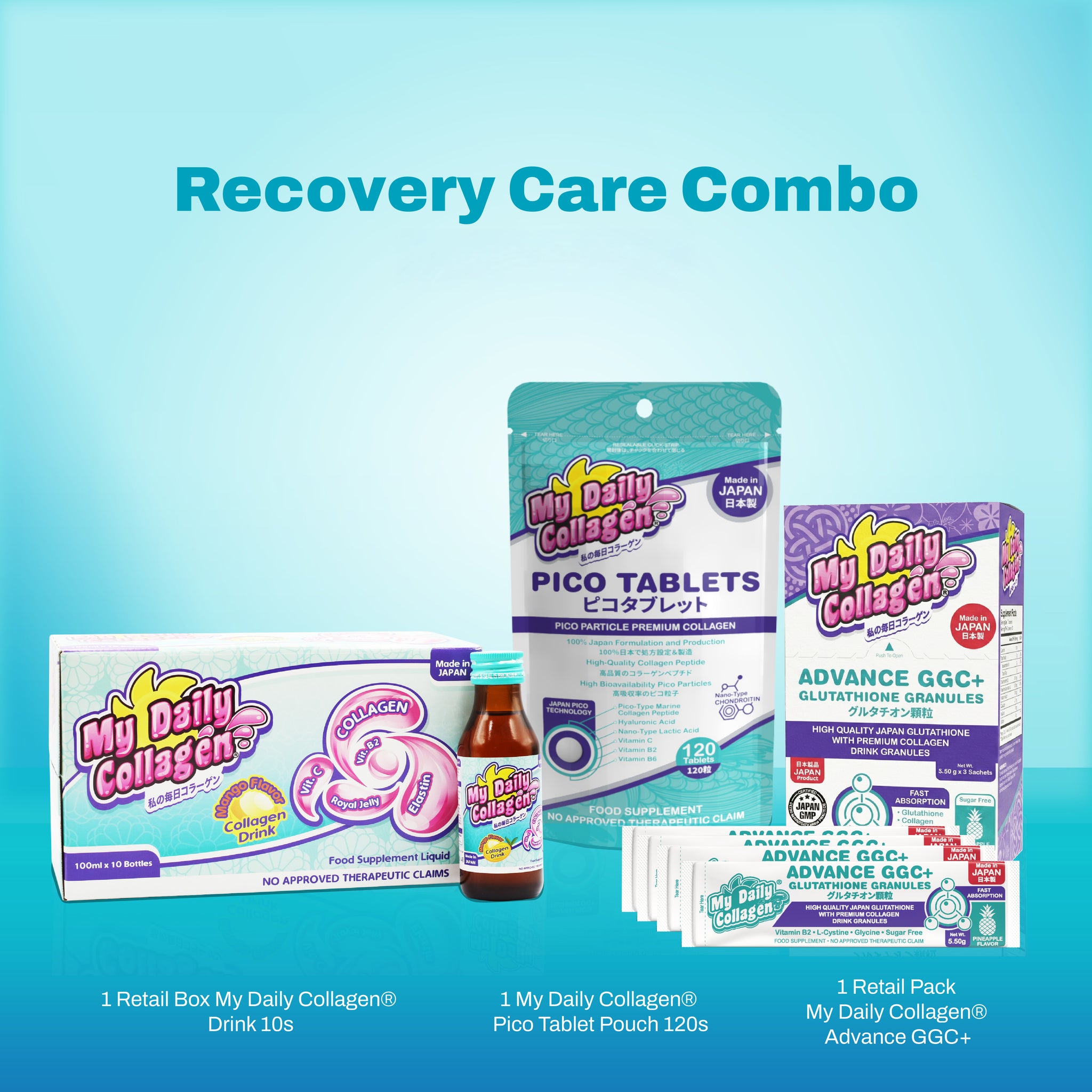 My Daily Collagen Drink - 1 retail box (10 x 100ml bottle) + My Daily Collagen Pico Tablets - 1 Pouch (120 tablets) + My Daily Collagen Advance GGC+ (5 sachets/box) Glutathione, Glycine, Cysteine Granules (Copy) (Copy)