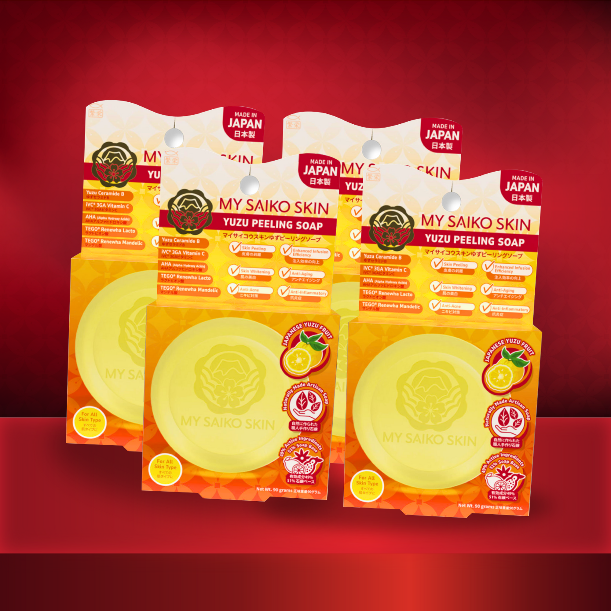 MY SAIKO SKIN Yuzu Peeling Soap (Bundle of 4)- Japanese Skincare with Yuzu Ceramide B, AHA & Lactobionic Acid for Radiant Skin